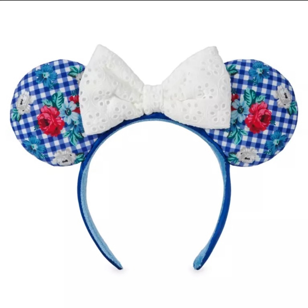 NWT Disney Minnie Ear Headband - Cottage Floral Gingham With White Eyelet Bow‼️